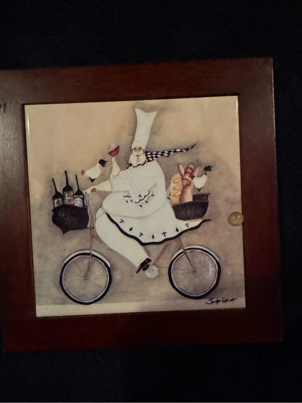 Jennifer Garant "Fat Chef on Bicycle" Framed Art Tile Trivet